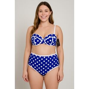 Ree Bees NEW Blue Polka Dot High Waist Bikini Set‎ L Underwire 50s Pin-up Style